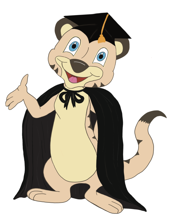 A cartoon tiger wearing a graduation cap and gown.