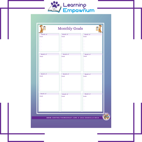 A purple and purple calendar with the words learning empremium monthly goals.
