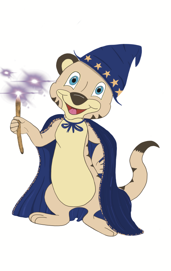A cartoon cat wearing a cloak and holding a magic wand.