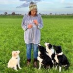 A woman standing in a field with four dogs.