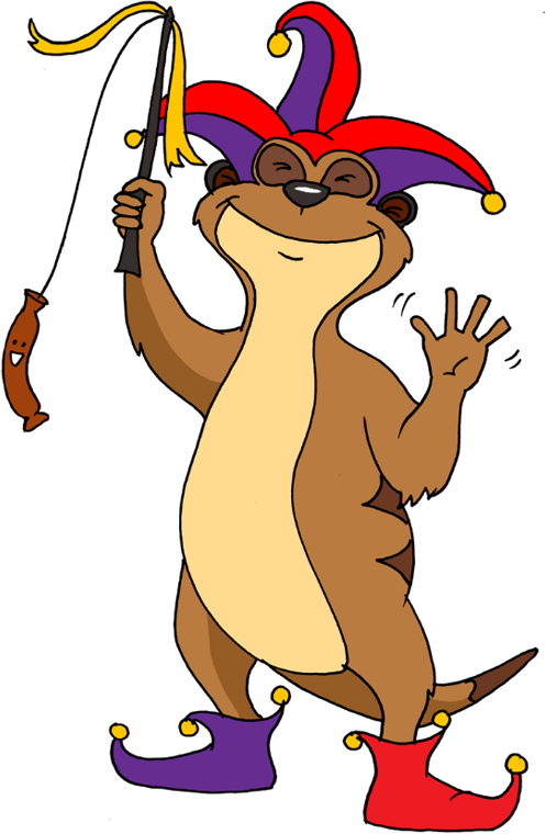 A cartoon otter wearing a hat and holding a fishing rod.