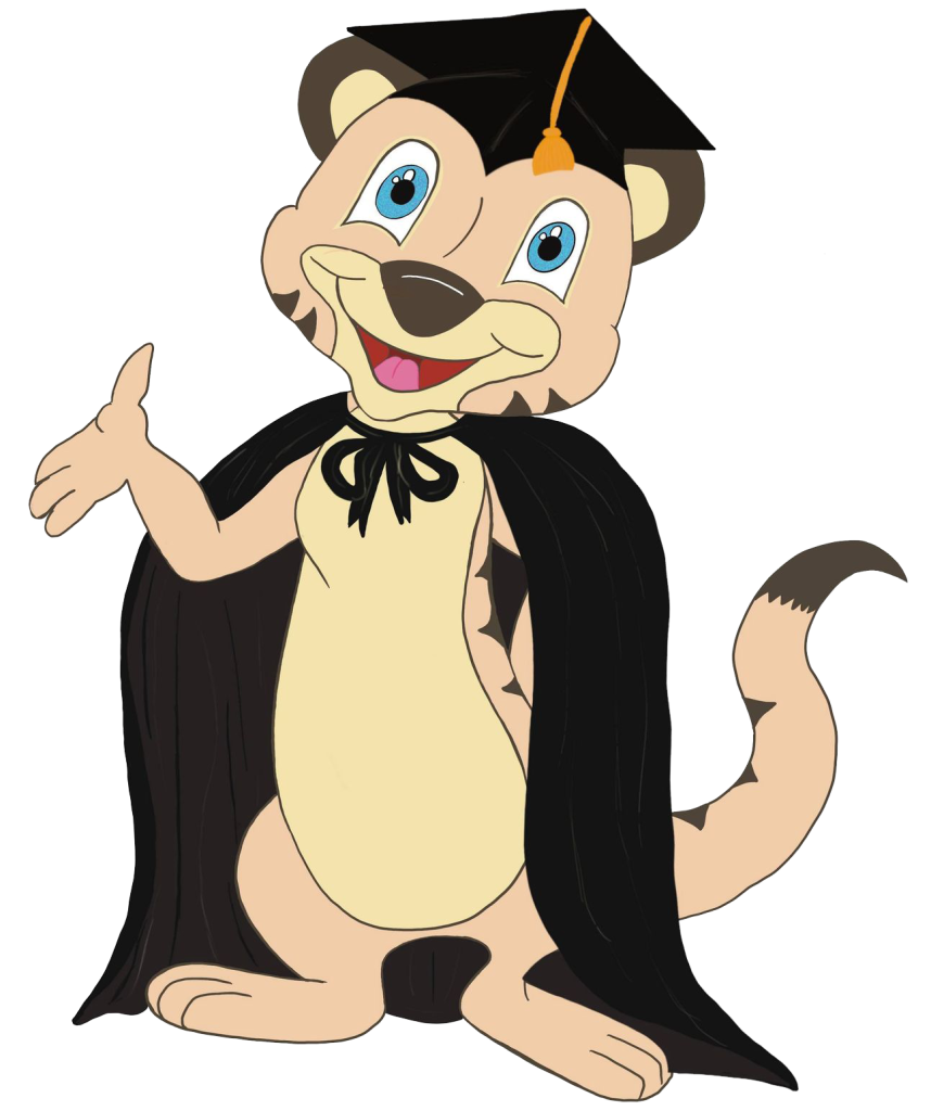 A cartoon tiger in a graduation cap and gown.