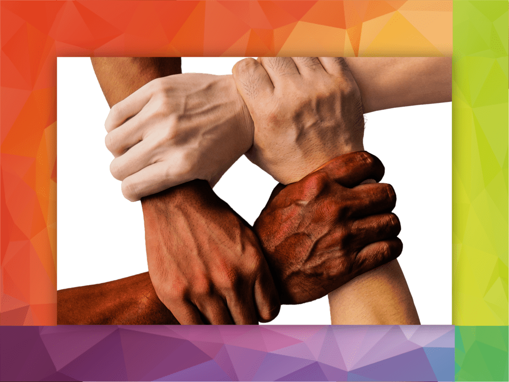 A group of hands holding each other on a colorful background.