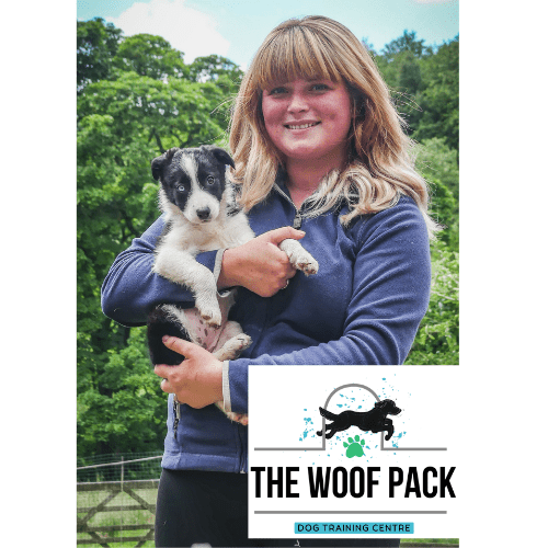 A woman providing rehabilitation support while holding a puppy as part of the Woof Pack initiative.