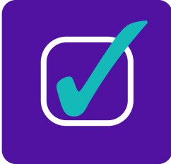 A check mark icon on a purple background.