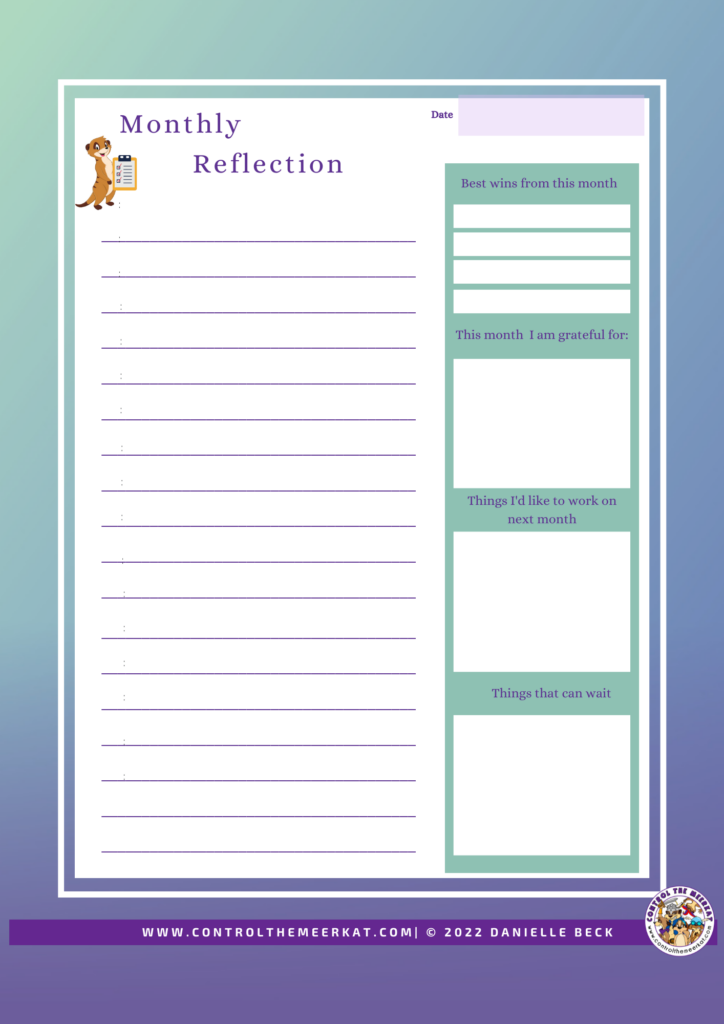 A one page monthly self reflection of how you're doing with your dog, to help reflect on your progress and highlight areas to work on and progress through