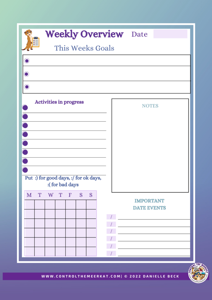 A one page weekly overview to help you plan your week and monitor your progress long term