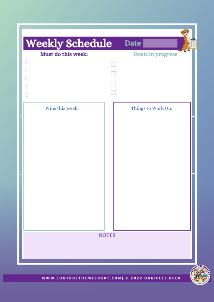 A one page weekly schedule to help you plan your week and monitor your progress