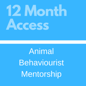 Graphic advertising 12 month access to an animal behaviourist mentorship program, styled in white text on a blue background.