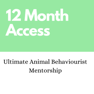 Text on green background: "12 month access" and "ultimate animal behaviourist mentorship.