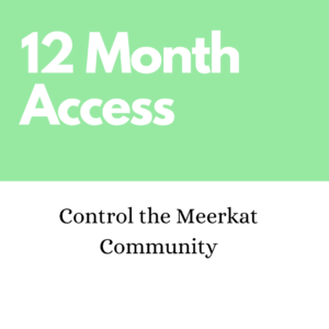 Graphic with text "12 month access" in large letters at the top, and "control the meerkat community" in smaller text at the bottom, all set against a pale green background.