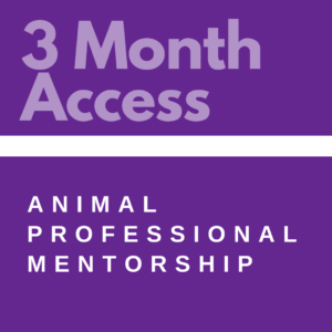 Graphic with purple background featuring text "3 month access" and "animal professional mentorship" in white lettering.