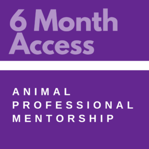 Graphic with purple background and white text stating "6 month access" at the top and "animal professional mentorship" at the bottom.