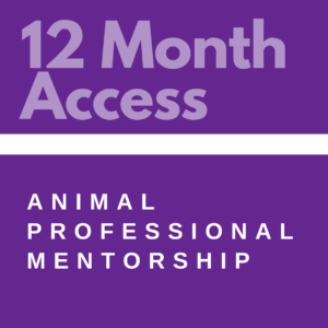 A graphic with purple background displaying "12 month access" and "animal professional mentorship" in white text.