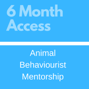 Graphic with text "6 month access" above "animal behaviourist mentorship," set against a blue background.