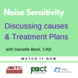 A green graphic with text: "Noise Sensitivity: Discussing causes & Treatment Plans with Danielle Beck, CAB. Watch it now." Logos of ABTC, PACT, and APBC are at the bottom.