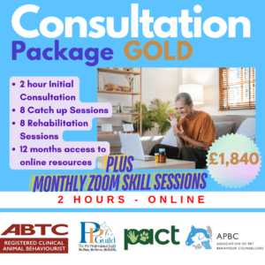 Promotional image for a "Consultation Package Gold" including 2-hour initial consultation, 8 catch-up sessions, 8 rehabilitation sessions, online resources, and monthly Zoom skill sessions. Cost: £1,840. Hosted online by Control The Meerkat and Danielle Beck a Clinical Animal Behaviourist based in Leigh Greater Manchester .