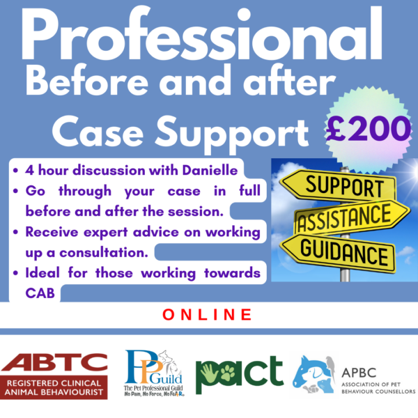 Text reads: "Professional Before and after Case Support. £200. 4 hour discussion with Danielle. Expert advice. Ideal for those working towards CAB. Online." Logos of associated organizations are shown.