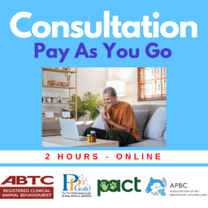 Image featuring a mature person seated on a couch, engaged in a virtual meeting on a laptop. Text reads "Consultation Pay As You Go" with logos for ABTC, PPG, PACT, and APBC.