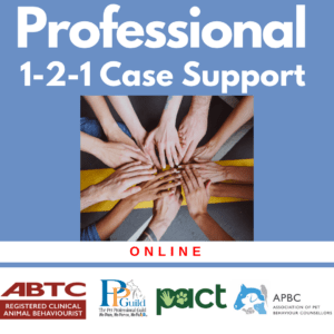 Image of hands joining together, symbolizing teamwork, with text: "Professional 1-2-1 Case Support" and logos of ABTC, PPG, PACT, and APBC, promoting online professional support services. Hosted online by Control The Meerkat and Danielle Beck a Clinical Animal Behaviourist based in Leigh Greater Manchester .