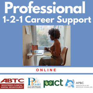 A person seated at a desk using a laptop, with text promoting "Professional 1-2-1 Career Support" online. Logos of ABTC, PPG, PACT, and APBC are displayed at the bottom.