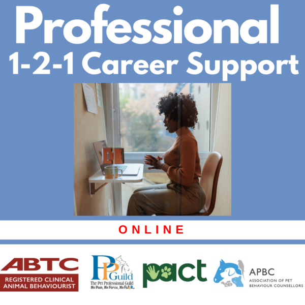 A person seated at a desk using a laptop, with text promoting "Professional 1-2-1 Career Support" online. Logos of ABTC, PPG, PACT, and APBC are displayed at the bottom.