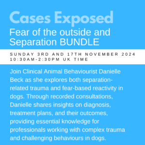 Promotional poster for "Cages Exposed," a workshop on dog trauma and behavior therapy by Danielle Beck, on November 3rd and 17th, 2024, discussing separation-related trauma in dogs.