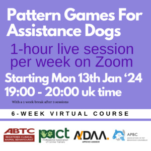 Promotional image for a virtual course titled "Pattern Games for Assistance Dogs," starting January 13th, 2024. Includes logos of ABTC, PACT, NDAA, and APBC.