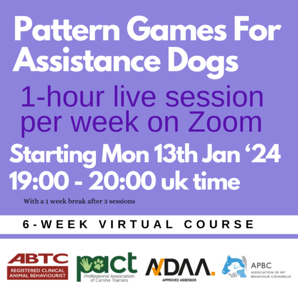 Promotional image for a virtual course titled "Pattern Games for Assistance Dogs," starting January 13th, 2024. Includes logos of ABTC, PACT, NDAA, and APBC.