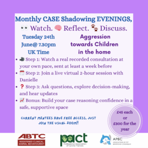 Promotional flyer for a monthly shadowing event on aggression towards children in the home, detailing steps to join, date, time, and pricing information.