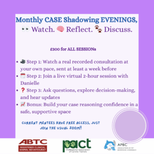 Promotional flyer for "Monthly CASE Shadowing EVENINGS" detailing steps for joining, price, and access for mentees, with logos of ABTC, APBC, and PACT at the bottom.