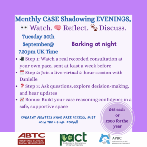 Event flyer for "Monthly CASE Shadowing EVENINGS" on Tuesday, 30th September at 7:30pm UK time; includes steps to attend, pricing info, and organizational logos.