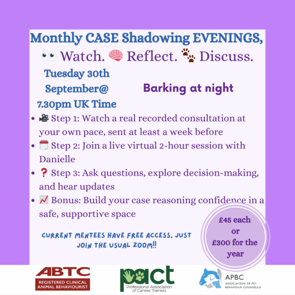 Event flyer for "Monthly CASE Shadowing EVENINGS" on Tuesday, 30th September at 7:30pm UK time; includes steps to attend, pricing info, and organizational logos.