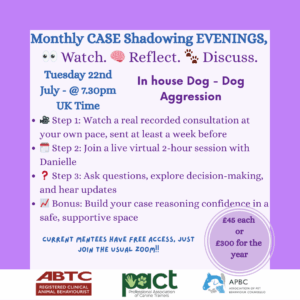 Informational flyer for a monthly online CASE shadowing event focusing on dog aggression, outlining steps and fees, with logos of accreditation organizations at the bottom.