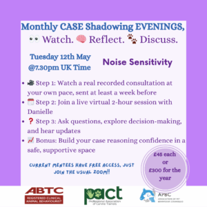 Informational poster for a virtual event on noise sensitivity, including steps for participation and pricing details, scheduled for Tuesday 12th May at 7:30pm UK time.