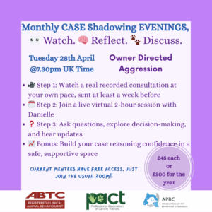 Informational poster about Monthly CASE Shadowing Evenings on "Owner Directed Aggression," detailing steps, schedule, pricing, and free access for current mentees via Zoom.