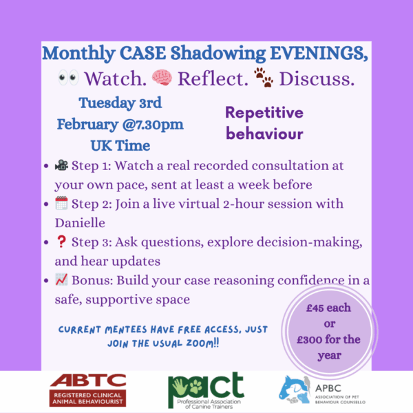 Informational flyer for a "Monthly CASE Shadowing EVENINGS" event on repetitive behaviour, scheduled for February 3rd at 7:30pm UK time, with steps and pricing details included.