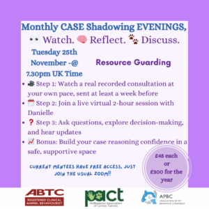 A promotional flyer for Monthly CASE Shadowing Evenings featuring steps for joining a resource guarding session on November 25th, with details about access and pricing.